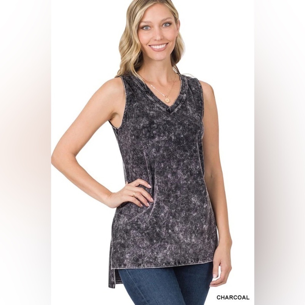 Zenana Mineral Wash Sleeveless V-Neck Top Side Slit Charcoal XL